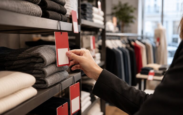 Addetto che gestisce i cambi prezzo nel retail con un terminale mobile e stampante termica integrata, in un punto vendita durante i saldi.