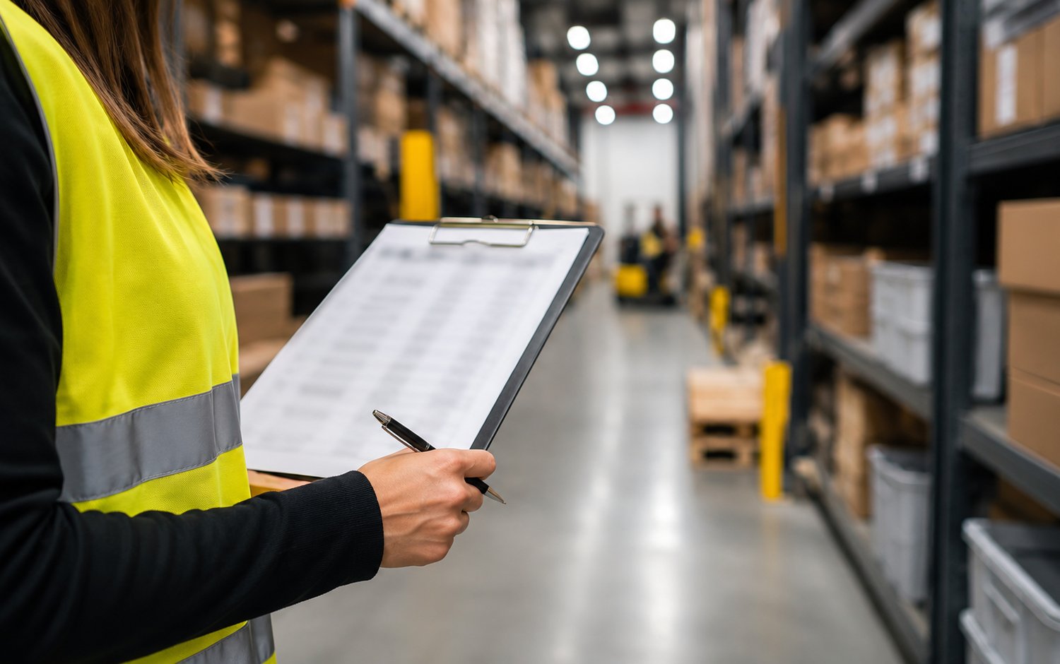Corsia di magazzino moderno con scaffali metallici, scatole etichettate con codici a barre e clipboard con foglio inventario, in preparazione della conta fisica di fine anno.