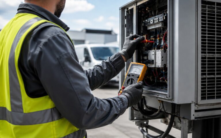 Tecnico di manutenzione in divisa professionale di profilo, che opera su un impianto industriale all'aperto, con un veicolo aziendale parcheggiato sullo sfondo, in uno scenario di field service.