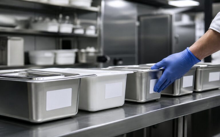 Cucina professionale moderna con contenitori gastronorm in acciaio inox etichettati su un piano di lavoro, con mano guantata che ispeziona i preparati durante il controllo HACCP.