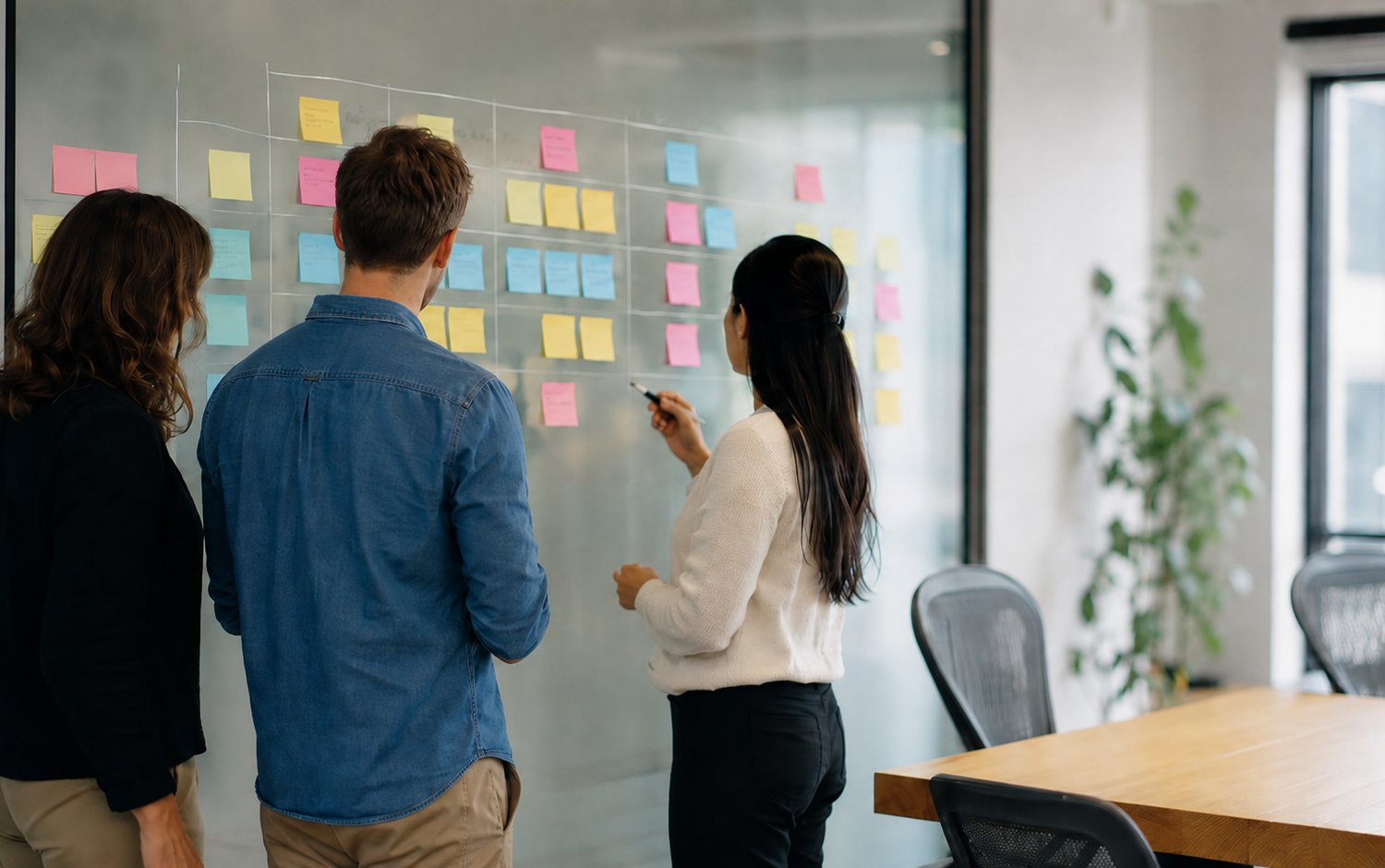Sala riunioni moderna con lavagna a vetro coperta di sticky notes colorati e diagrammi disegnati a mano, professionisti che discutono un progetto di sviluppo software gestionale durante una sessione di analisi requisiti.