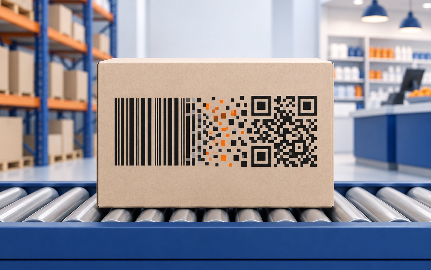 Scatola di cartone su un nastro trasportatore con stampato un codice a barre lineare che si trasforma in un QR code GS1, tra gli scaffali di un magazzino e la cassa di un negozio.