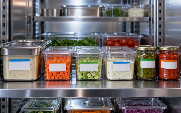 Ripiano di un frigorifero professionale con contenitori di salse e preparazioni etichettati, per la gestione della shelf life secondaria in cucina.