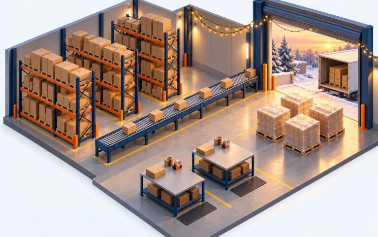 Illustrazione isometrica di un magazzino ordinato con scaffalature, nastro trasportatore e pallet pronti alla spedizione, pronto per il picco stagionale di fine anno.