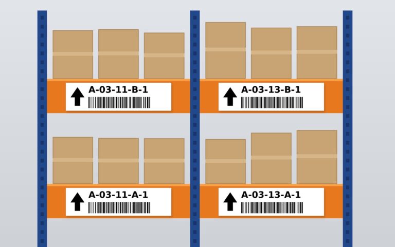 Scaffalatura di magazzino con etichette di ubicazione in bianco e nero, codice, codice a barre e freccia di livello, esempio di codici di ubicazione in magazzino.