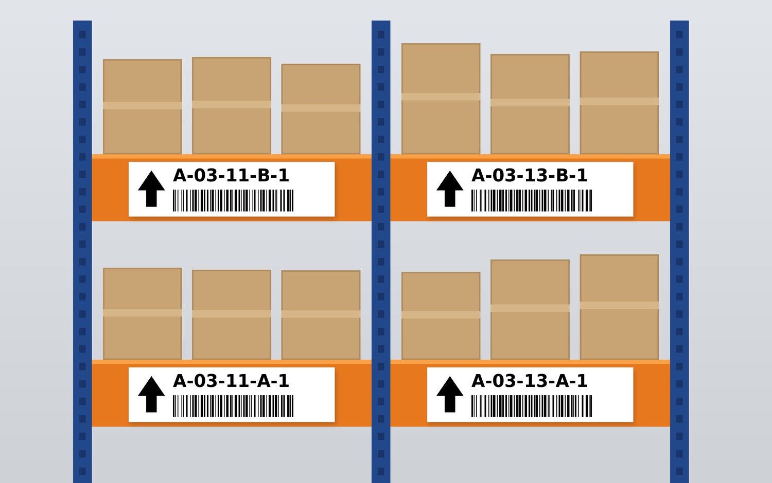 Scaffalatura di magazzino con etichette di ubicazione in bianco e nero, codice, codice a barre e freccia di livello, esempio di codici di ubicazione in magazzino.