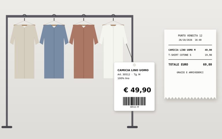 Cartellino prezzo appeso a una camicia in una boutique e scontrino di cassa con lo stesso importo, per spiegare come evitare un prezzo a scaffale diverso dalla cassa.